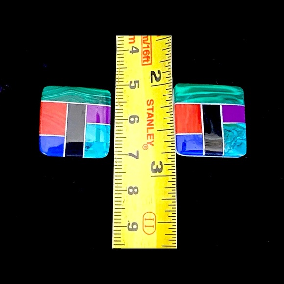 Native American Earrings, Semi-precious Gemstone Inlay & SS 1” Square, New Excel - Picture 8 of 8